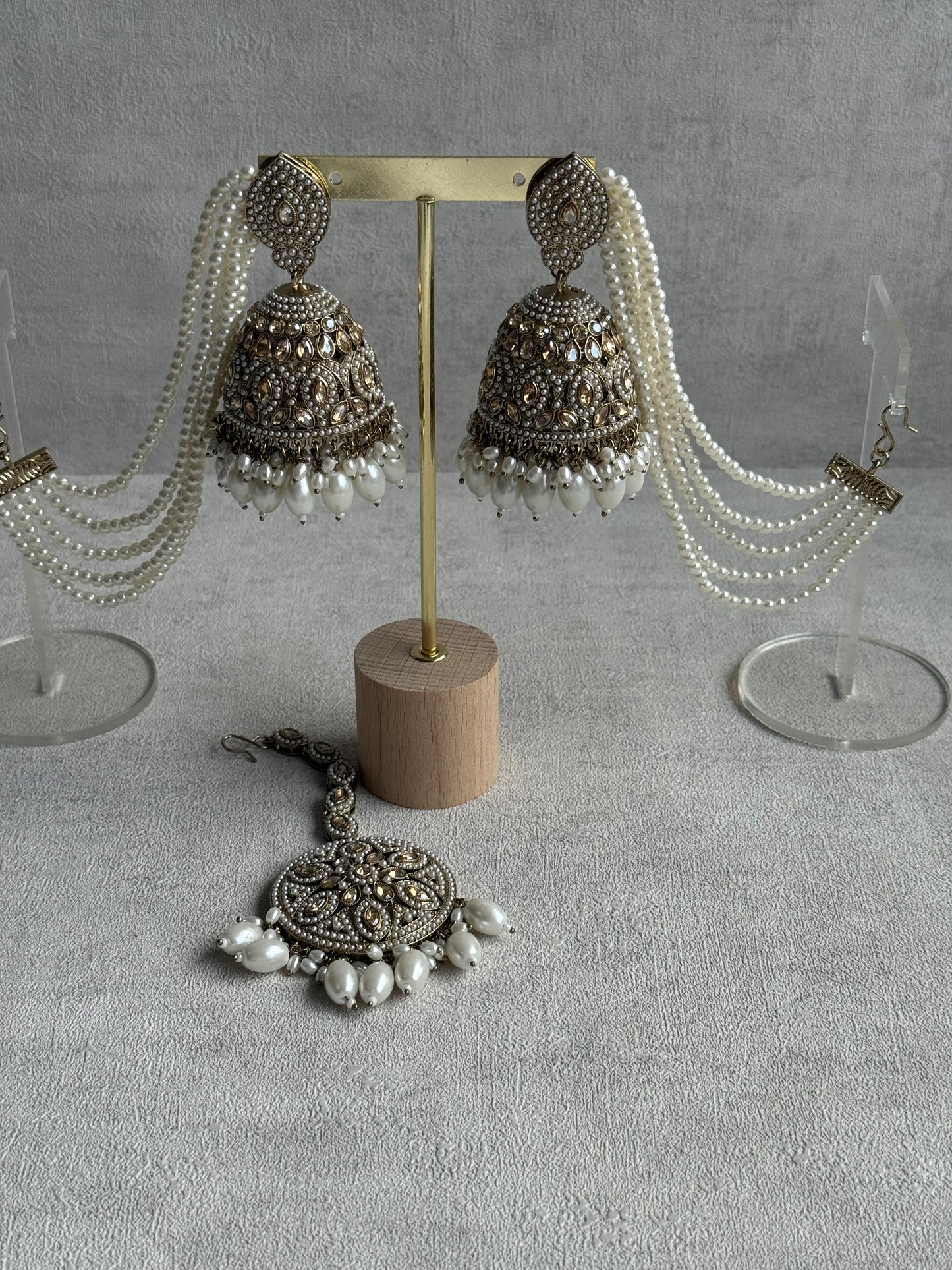 Ayura Designs Amrita Set – Jhumkis with Sahare & Tikka in Ivory Pearls and Antique Gold Finish