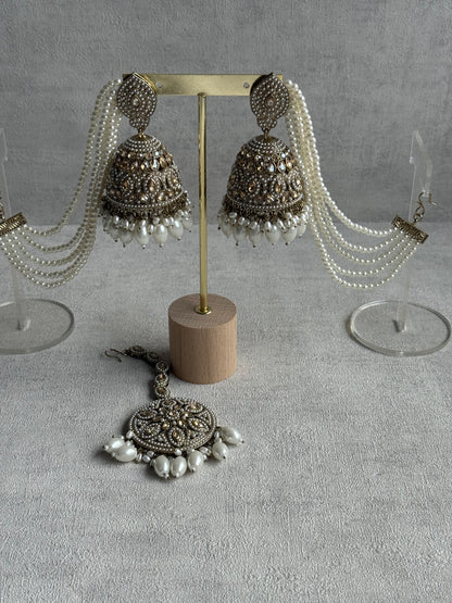 Ayura Designs Amrita Set – Jhumkis with Sahare & Tikka in Ivory Pearls and Antique Gold Finish