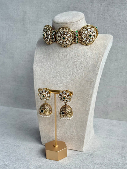 Ayura Designs Tanu Choker Set – Antique Gold Choker & Jhumkis with Ruby & Emerald Kundan and Pearl Borders