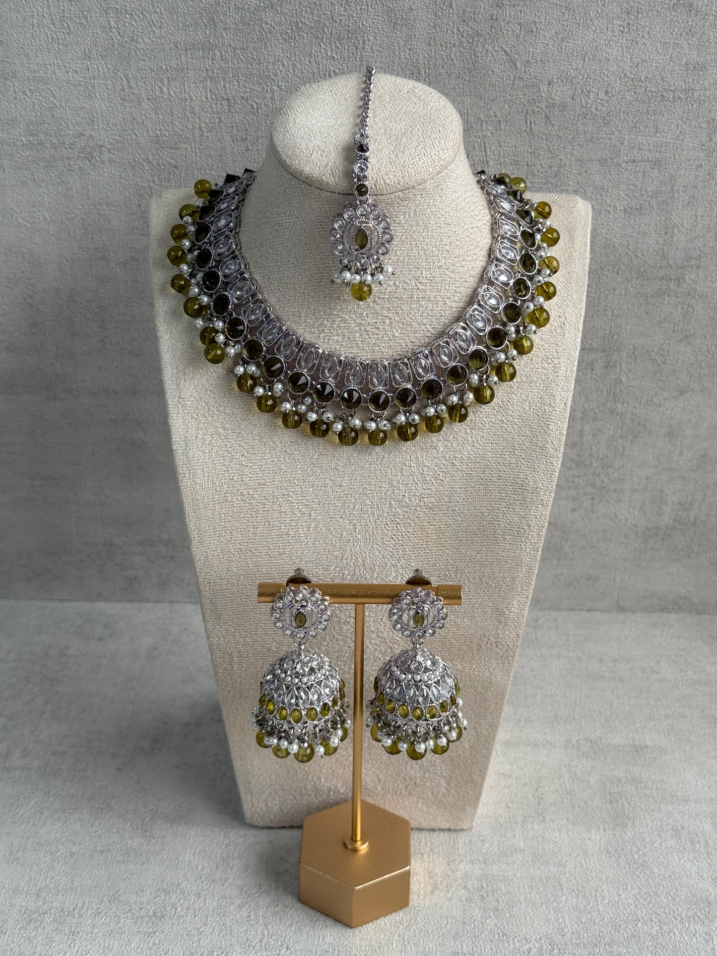 Ayura Designs Rayal Set – Silver Necklace, Jhumkis & Tikka with Olive Green Stones & Pearl Detailing