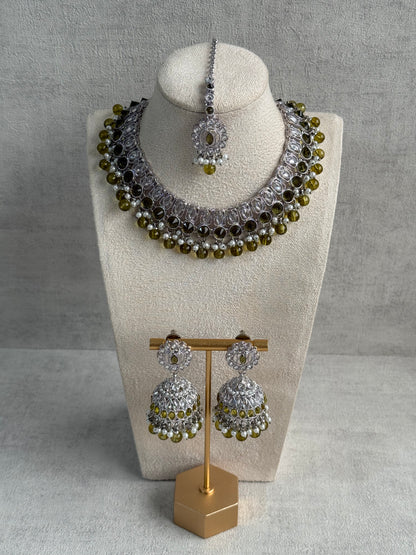 Ayura Designs Rayal Set – Silver Necklace, Jhumkis & Tikka with Olive Green Stones & Pearl Detailing