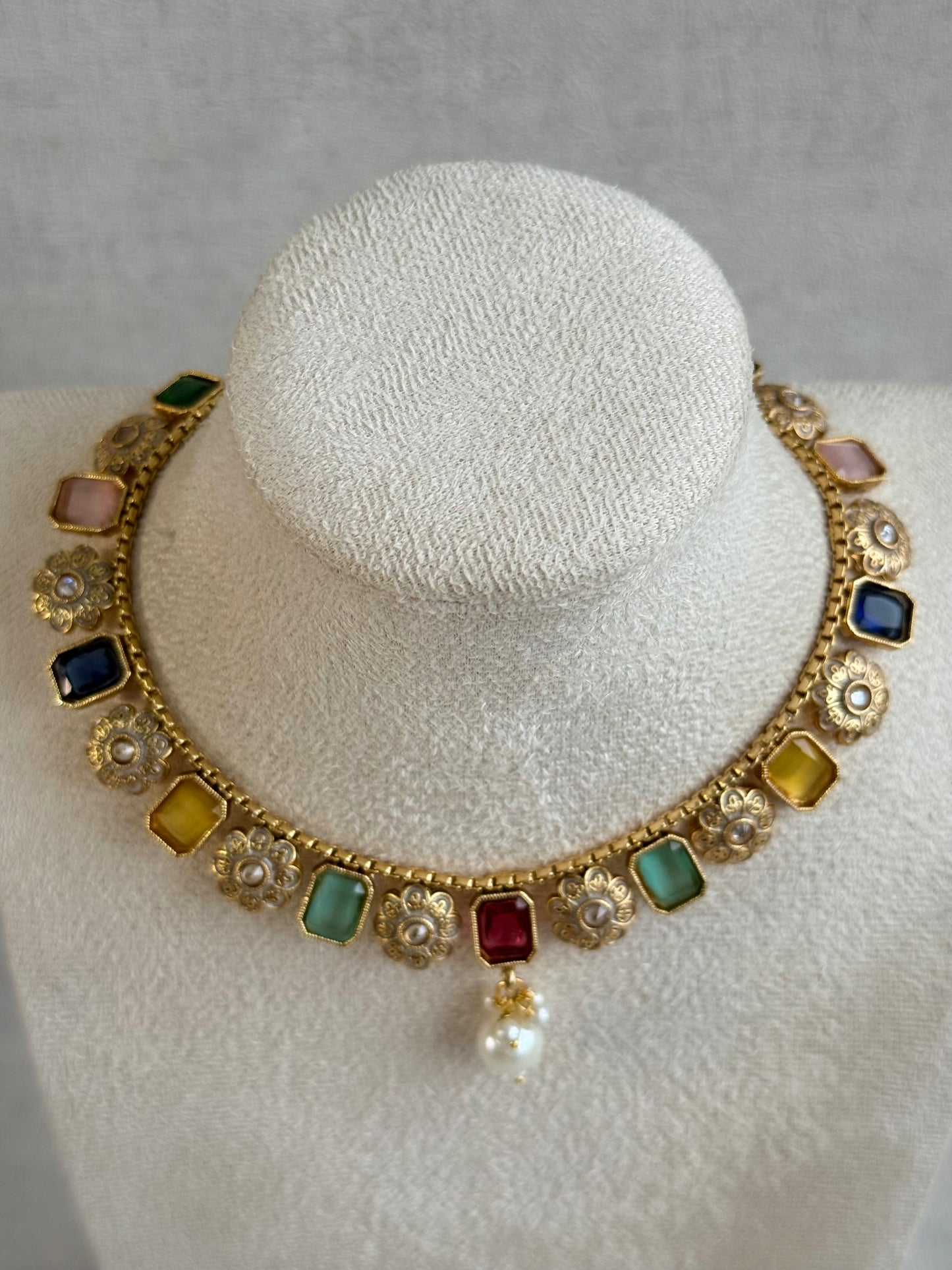 Ayura Designs Padma Necklace Set with Earrings – Multicolour Stones with Pearl Drop Detailing