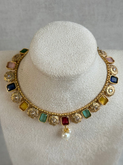 Ayura Designs Padma Necklace Set with Earrings – Multicolour Stones with Pearl Drop Detailing
