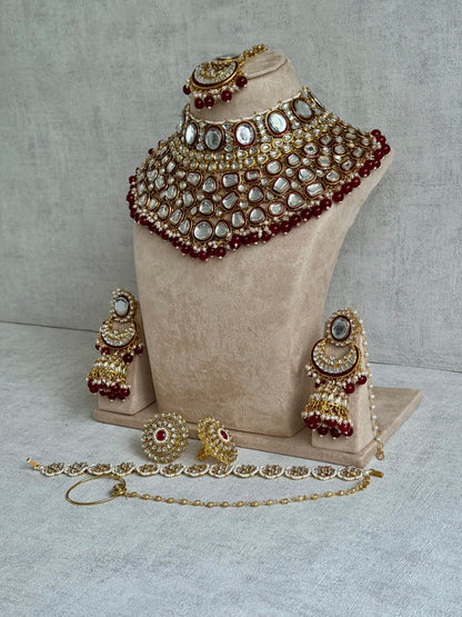 Ayura Designs Gulbadan Bridal Set with Necklace, Jhumkis, Tikka, Nath, Ring & Sheeshphool – Jadau Kundan Craftsmanship with Mirror-Cut Polki, Ruby Red Stones & Antique Gold Finish