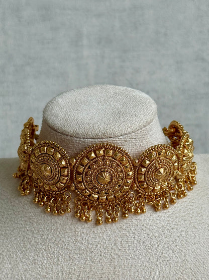 Ayura Designs Nawab Set – Antique Gold Choker, Jhumkis & Tikka with Filigree Medallions