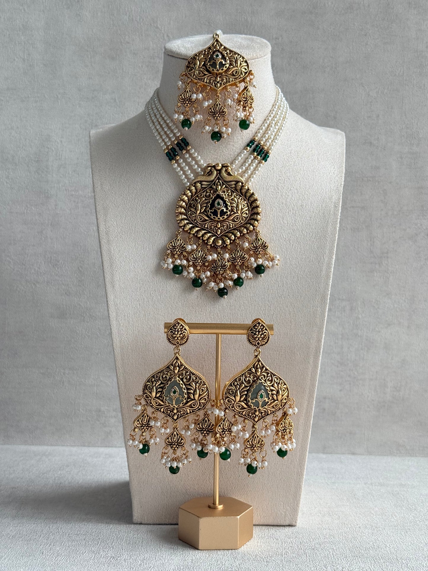 Ayura Designs Afia Necklace Set with Earrings & Tikka – Antique Gold, Emerald Green Beads, Green Centre Stone & Peacock Motifs