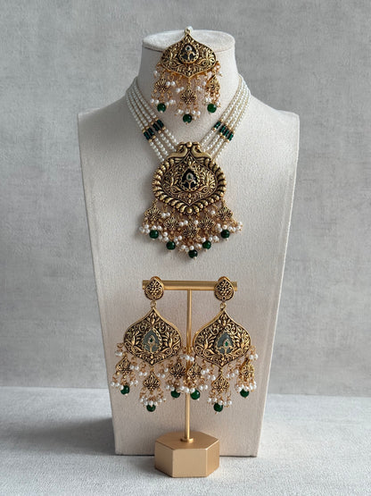Ayura Designs Afia Necklace Set with Earrings & Tikka – Antique Gold, Emerald Green Beads, Green Centre Stone & Peacock Motifs