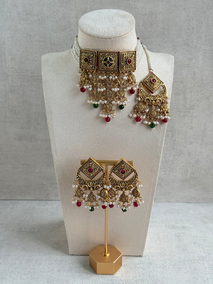 Ayura Designs Samera Choker Set with Earrings & Tikka – Rani Pink & Emerald Green Beads, Pearl Detailing, Green Centre Stone, Floral Motifs & Antique Gold Finish