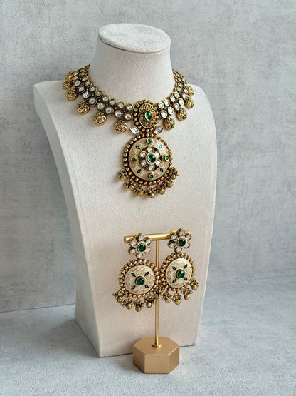 Ayura Designs Zayna Set with Necklace & Earrings – Ivory Meenakari with Emerald Green Stones