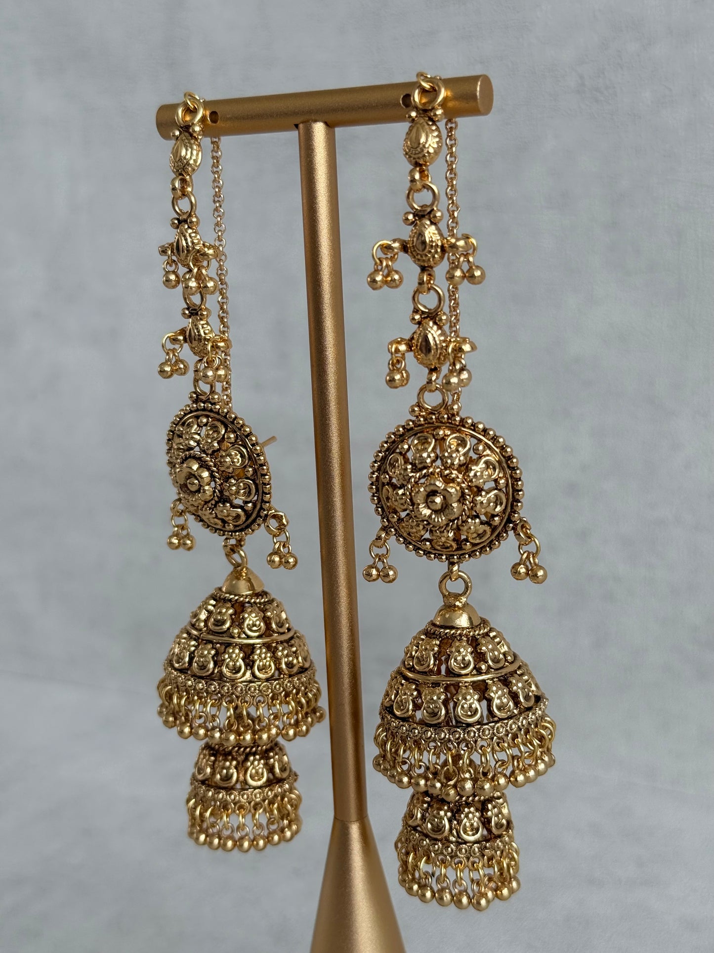 Ayura Designs Chhavi Sahare Jhumkis – Antique Gold Finish with Double Dome Design