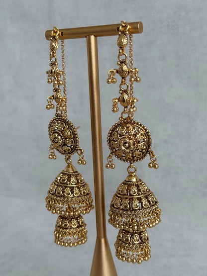 Ayura Designs Chhavi Sahare Jhumkis – Antique Gold Finish with Double Dome Design