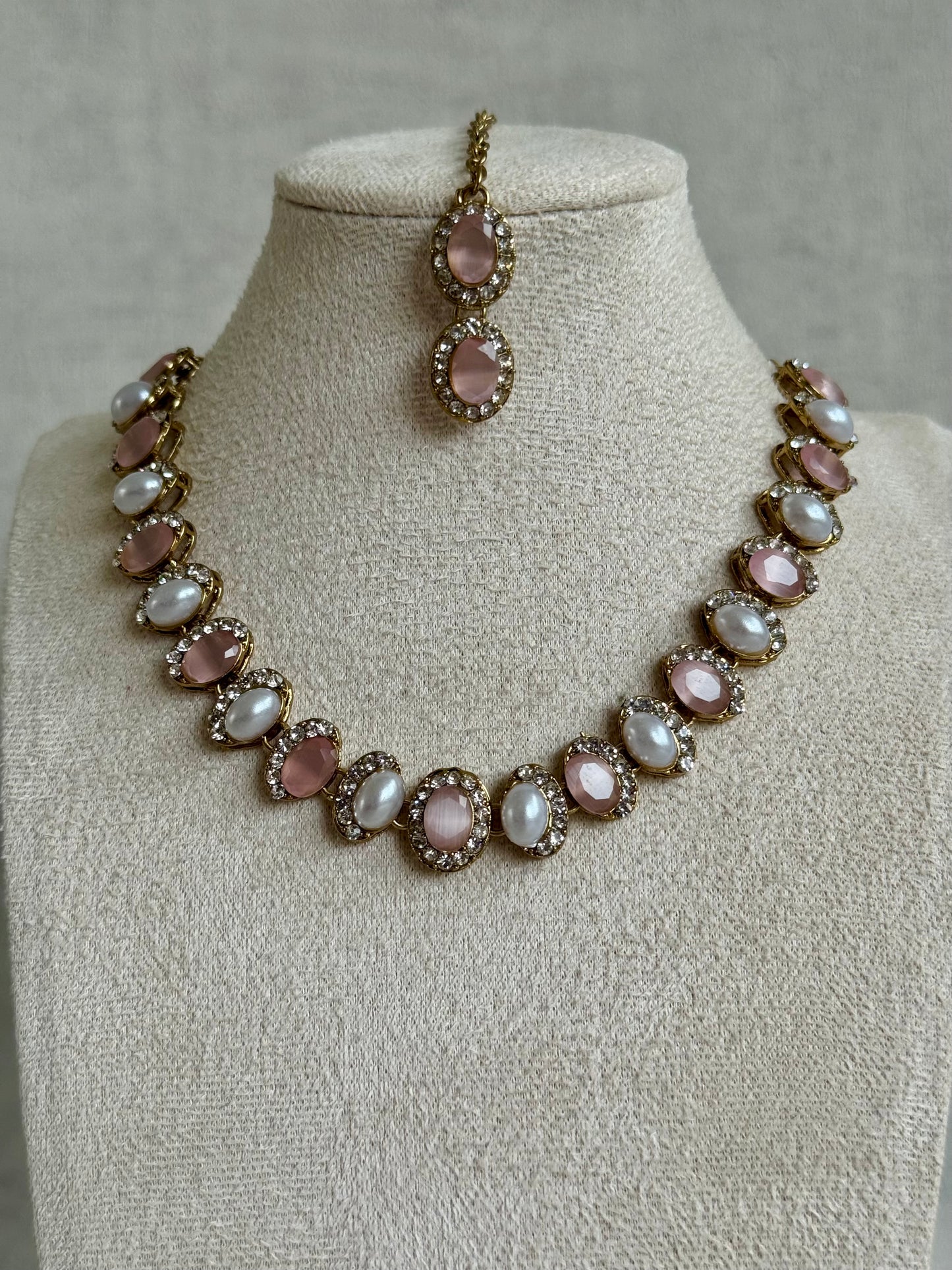 Ayura Designs Eira Set – Necklace, Earrings & Tikka with Blush Pink & Ivory Oval Stones in Antique Gold