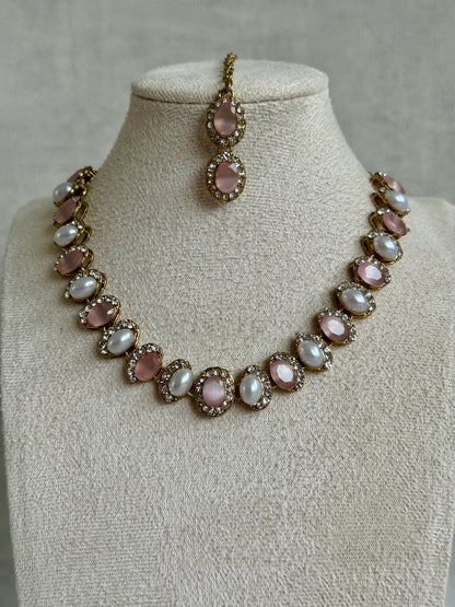 Ayura Designs Eira Set – Necklace, Earrings & Tikka with Blush Pink & Ivory Oval Stones in Antique Gold