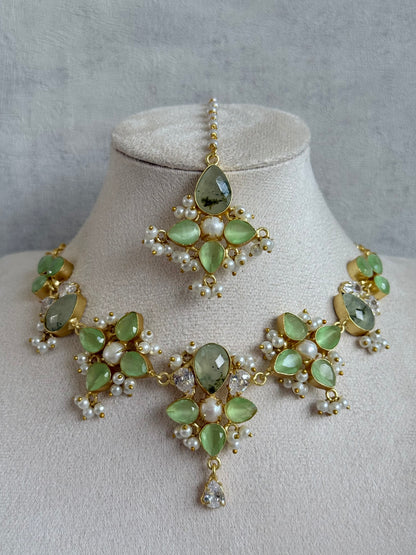 Ayura Designs Zaria Set with Tikka & Earrings – Prehnite with Pearls & Crystals