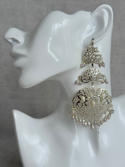 Ayura Designs Zarrar Earrings – Silver Jadau Filigree Statement Earrings with Pearl Drops