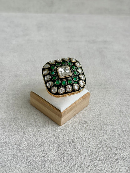 Ayura Designs Arzoo Adjustable Ring – Mirror-Cut Stone Centre with Emerald Green Stones, Green Enamel & Crystal Detailing