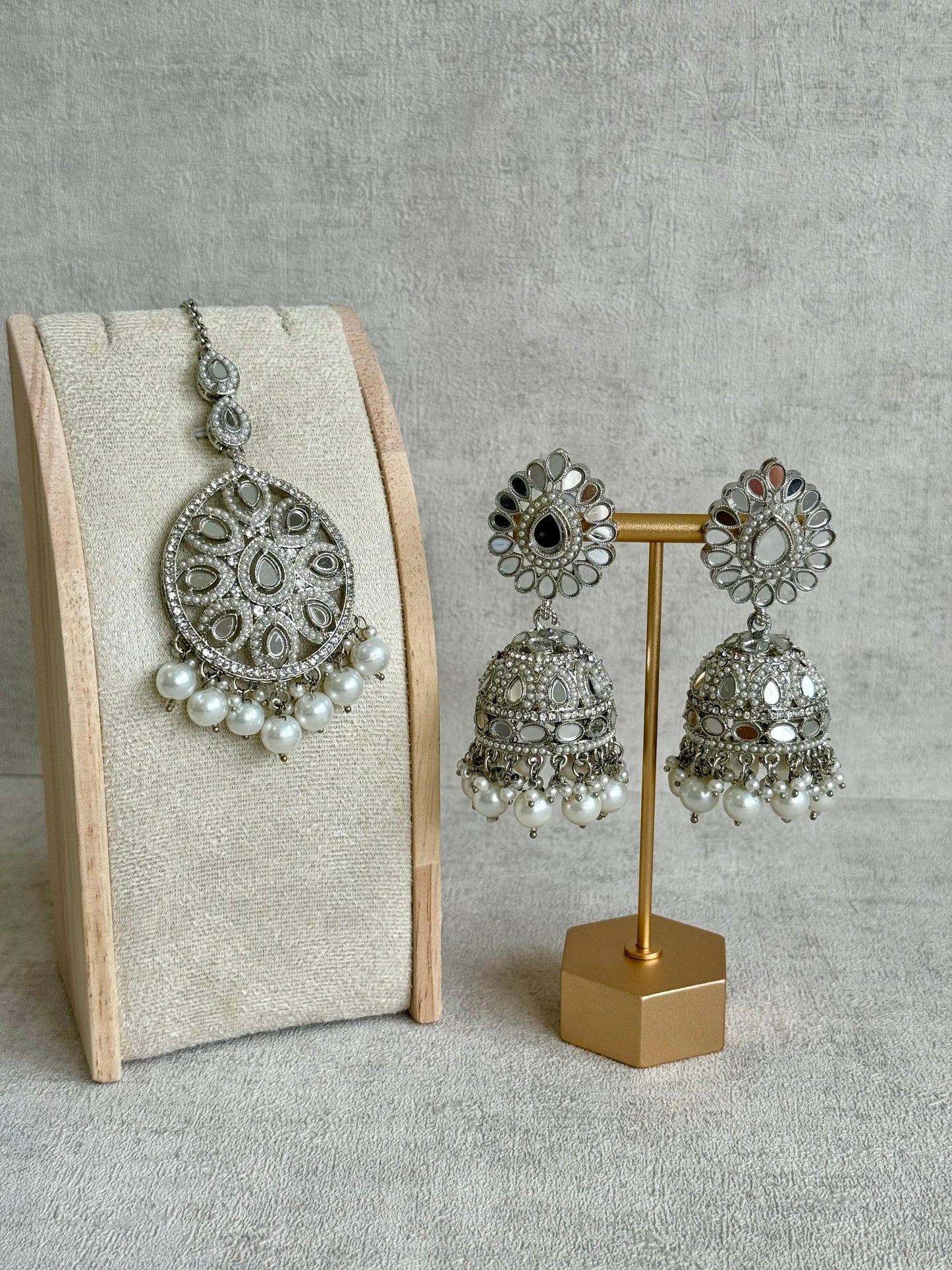 Ayura Designs Meeta Tikka Set with Jhumkis – Silver Mirror-Cut Detailing & Pearl Drops