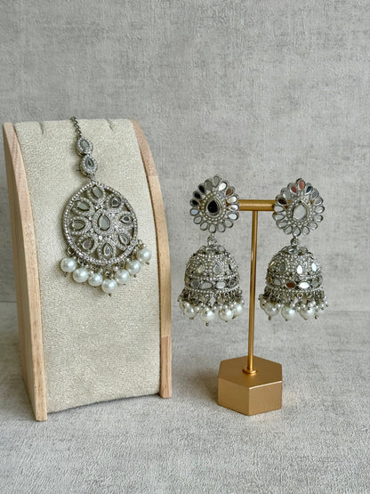 Ayura Designs Meeta Tikka Set with Jhumkis – Silver Mirror-Cut Detailing & Pearl Drops
