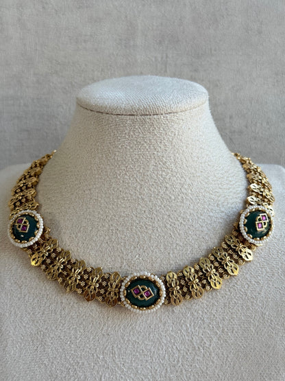 Ayura Designs Lajita Necklace Set with Stud Earrings – Emerald Green & Rani Pink with Pearl & Statement Floral Link Design