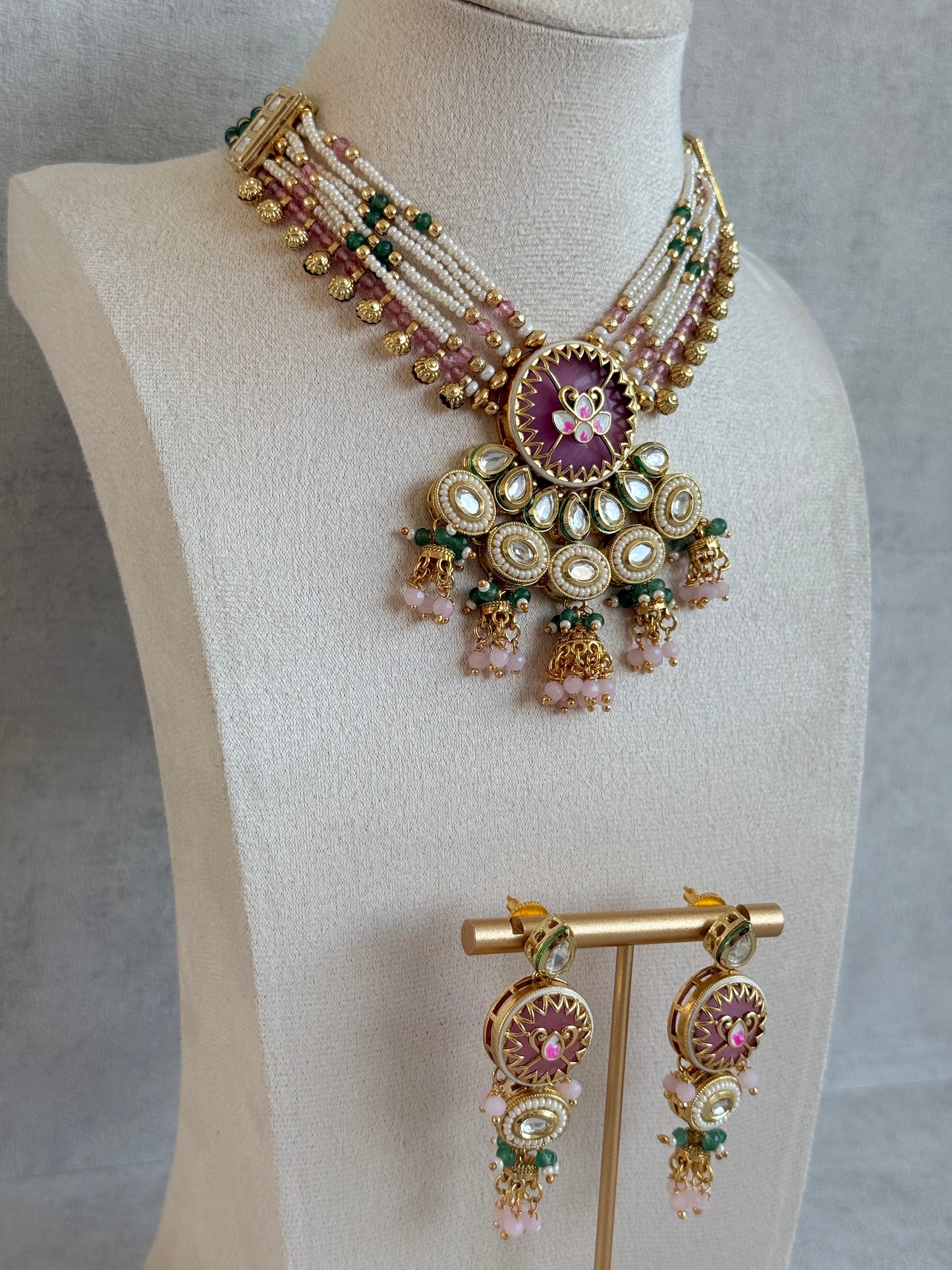 Ayura Designs Hasika Necklace Set with Earrings – Rose Pink, Emerald Green, Kundan & Pearl Detailing