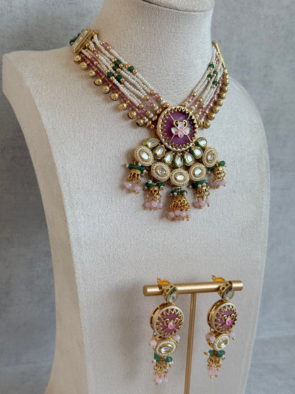 Ayura Designs Hasika Necklace Set with Earrings – Rose Pink, Emerald Green, Kundan & Pearl Detailing