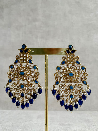 Ayura Designs Arwa Earrings – Antique Gold Finish with Midnight Blue Stones & Pearl Detailing