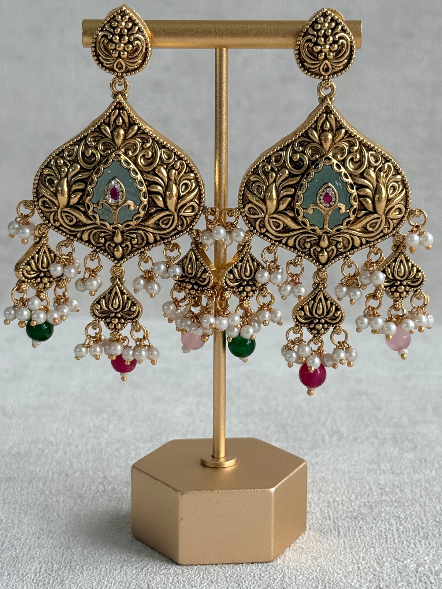 Ayura Designs Afia Necklace Set with Earrings & Tikka – Antique Gold, Multicolour Beads, Green Centre Stone & Peacock Motifs