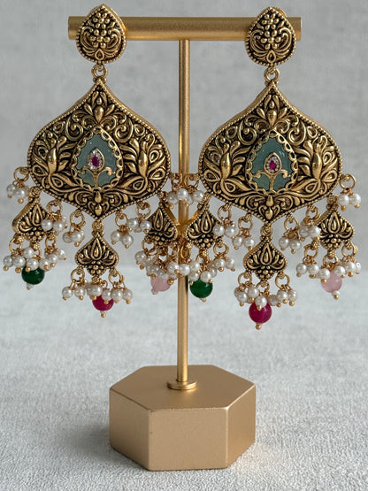 Ayura Designs Afia Necklace Set with Earrings & Tikka – Antique Gold, Multicolour Beads, Green Centre Stone & Peacock Motifs