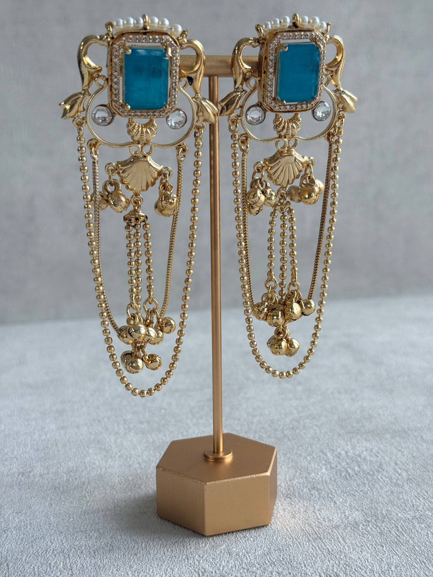 Ayura Designs Jaid Earrings – Aqua Blue Floral Motif with Layered Chains & Ghungroos