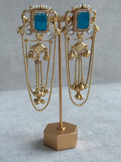 Ayura Designs Jaid Earrings – Aqua Blue Floral Motif with Layered Chains & Ghungroos