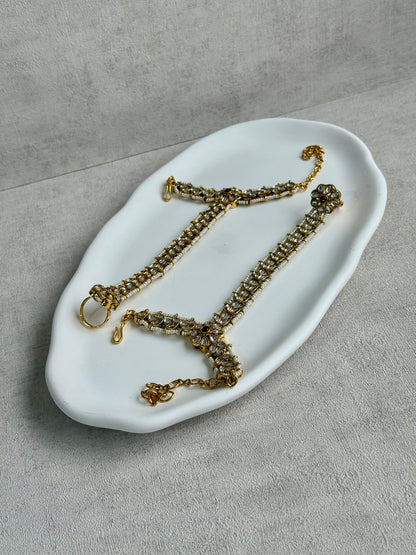 Ayura Designs Ruya Haathphool – Mirror-Cut Stones with Ruby Accents & Pearl Detailing