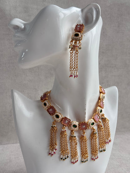 Ayura Designs Thansi Necklace Set with Earrings – Pink & Green Stones, Enamel Detailing, Chains with Pearl Drops & Gold Finish