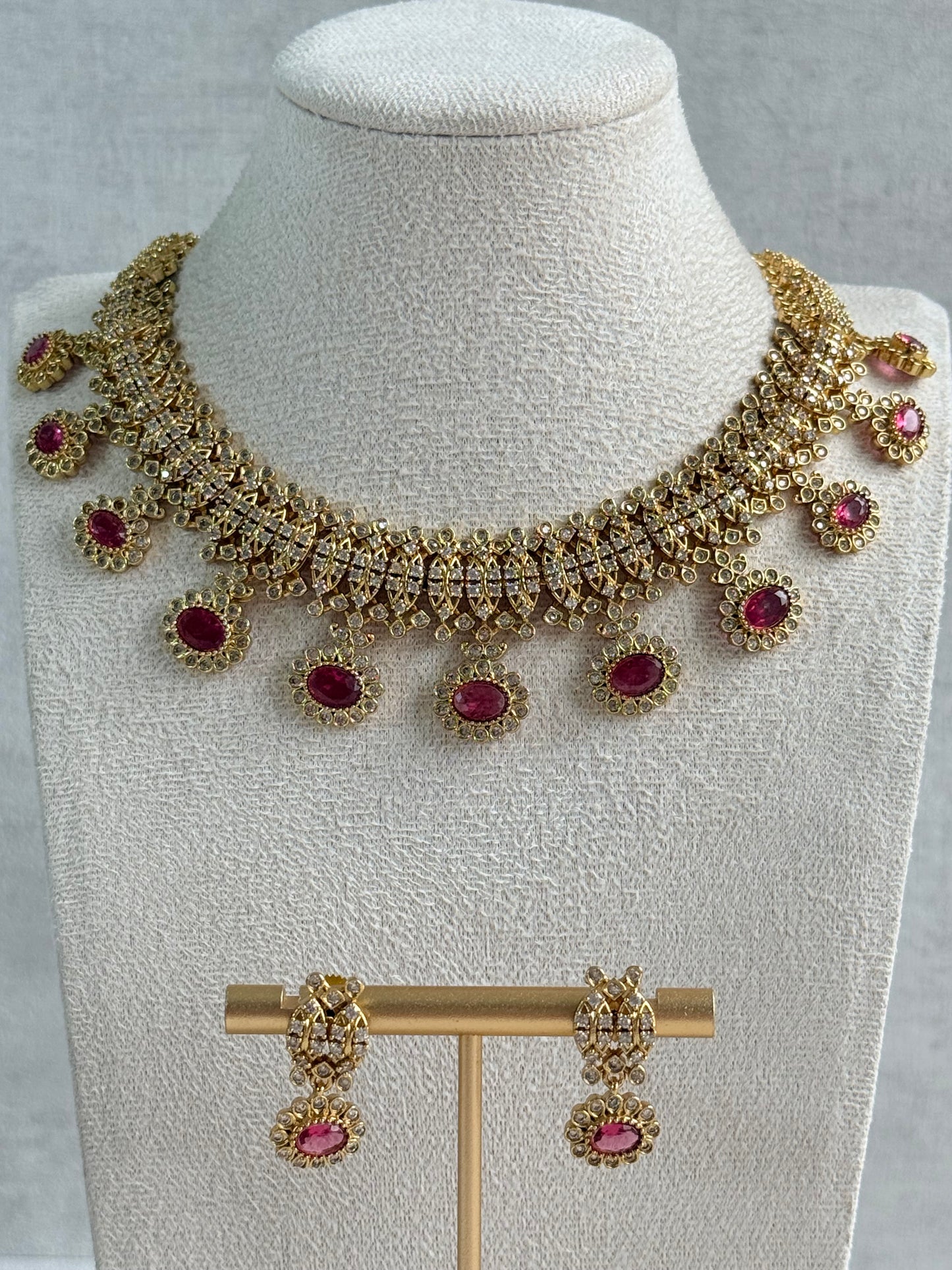 Ayura Designs Elisha Necklace Set with Earrings – Rani Pink & Crystal Stone Detailing