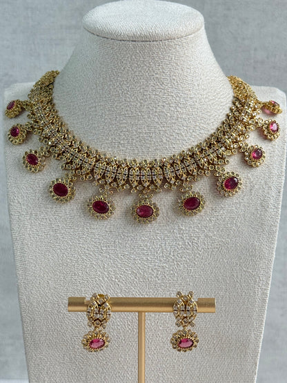 Ayura Designs Elisha Necklace Set with Earrings – Rani Pink & Crystal Stone Detailing