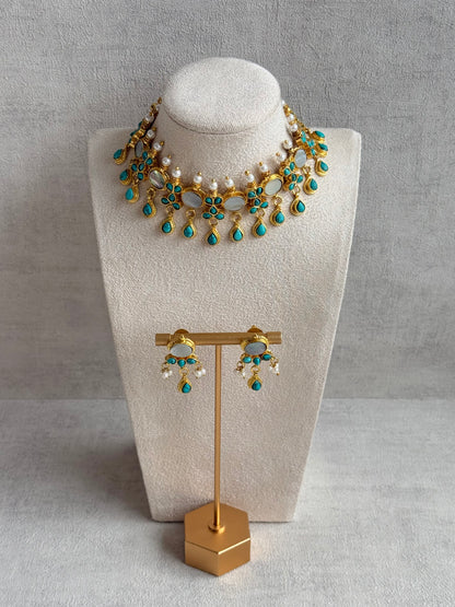 Ayura Designs Rehnuma Kundan Choker Set with Earrings & Turquoise Floral Detailing
