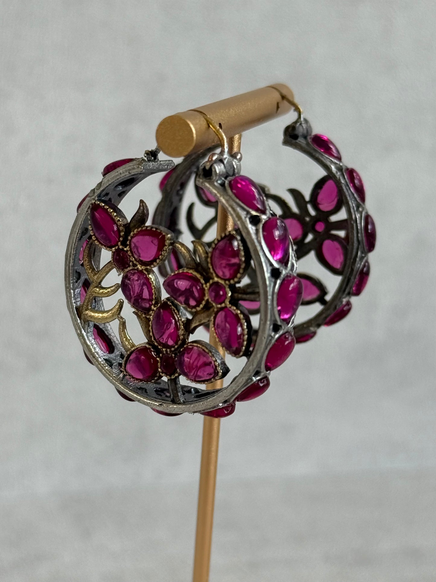 Ayura Designs Nureh Earrings – Dual Tone Floral Hoop Earrings with Ruby Pink Stones & Cutwork Detailing