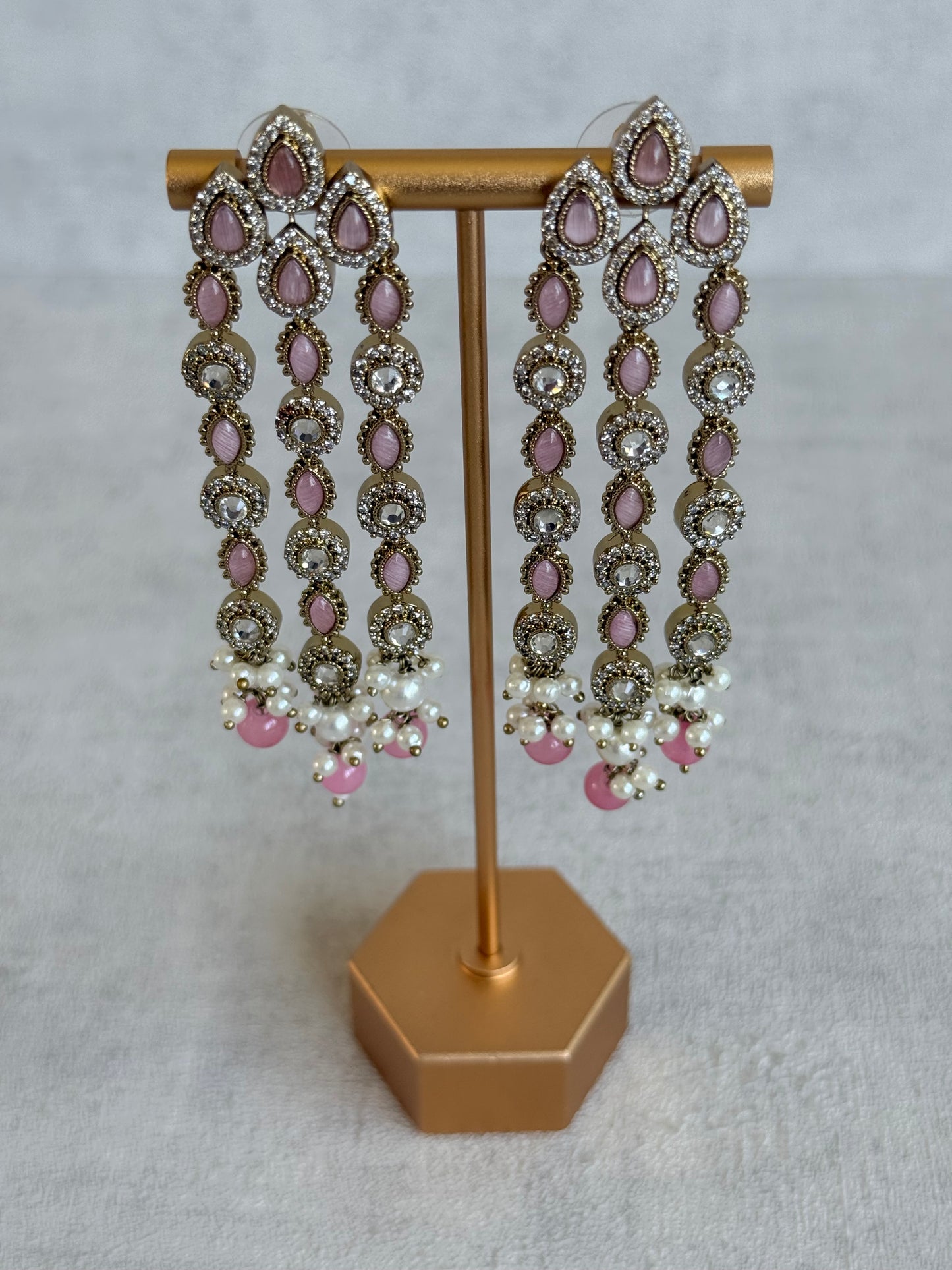 Ayura Designs Emilia Earrings – Gold Triple Strand Statement Earrings with Blush Pink Stones & Pearl Drops