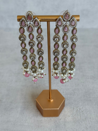 Ayura Designs Emilia Earrings – Gold Triple Strand Statement Earrings with Blush Pink Stones & Pearl Drops