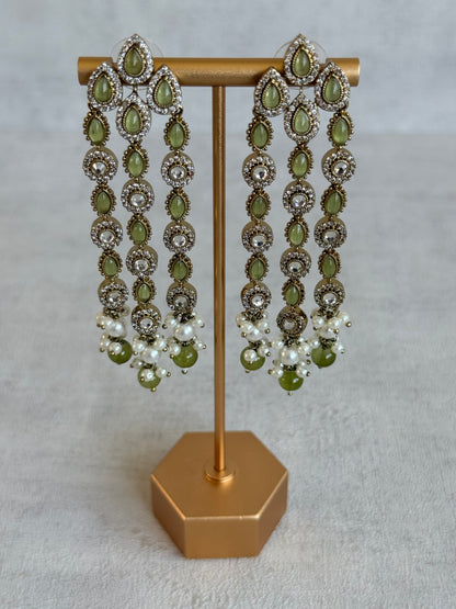 Ayura Designs Emilia Earrings – Gold Triple Strand Statement Earrings with Olive Green Stones & Pearl Drops
