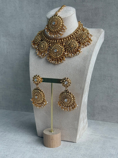 Ayura Designs Rummy Set – Statement Necklace, Earrings & Tikka with Ivory Pearls and Polished Gold Finish