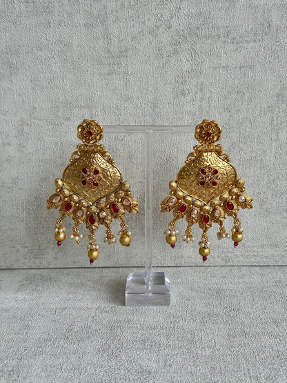 Ayura Designs Neha Earrings – Antique Gold with Ruby Red Stones & Pearl Detailing