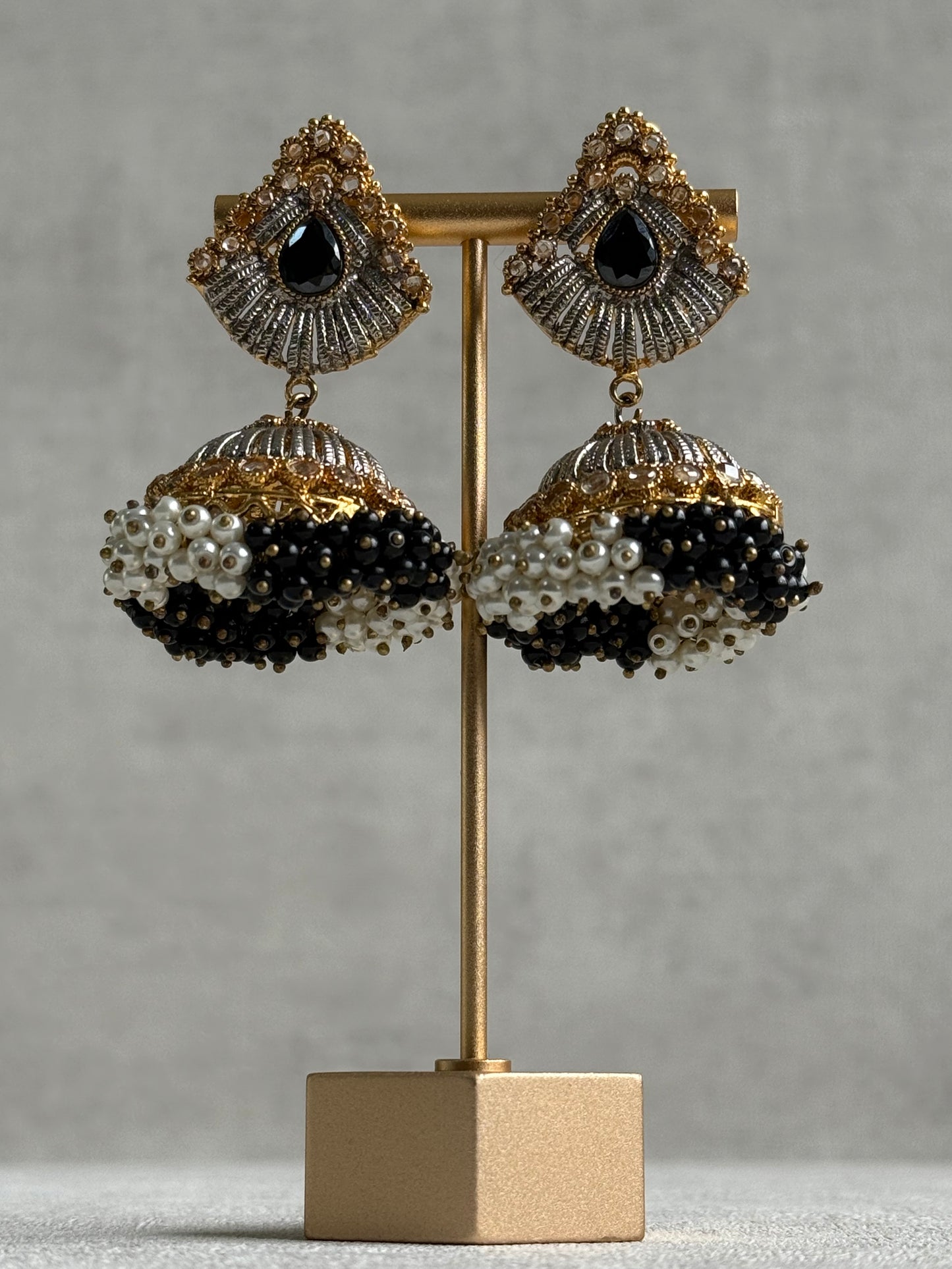Ayura Designs Nasha Jhumkis – Silver & Gold Dual-Tone Earrings with Black & Pearl Beads