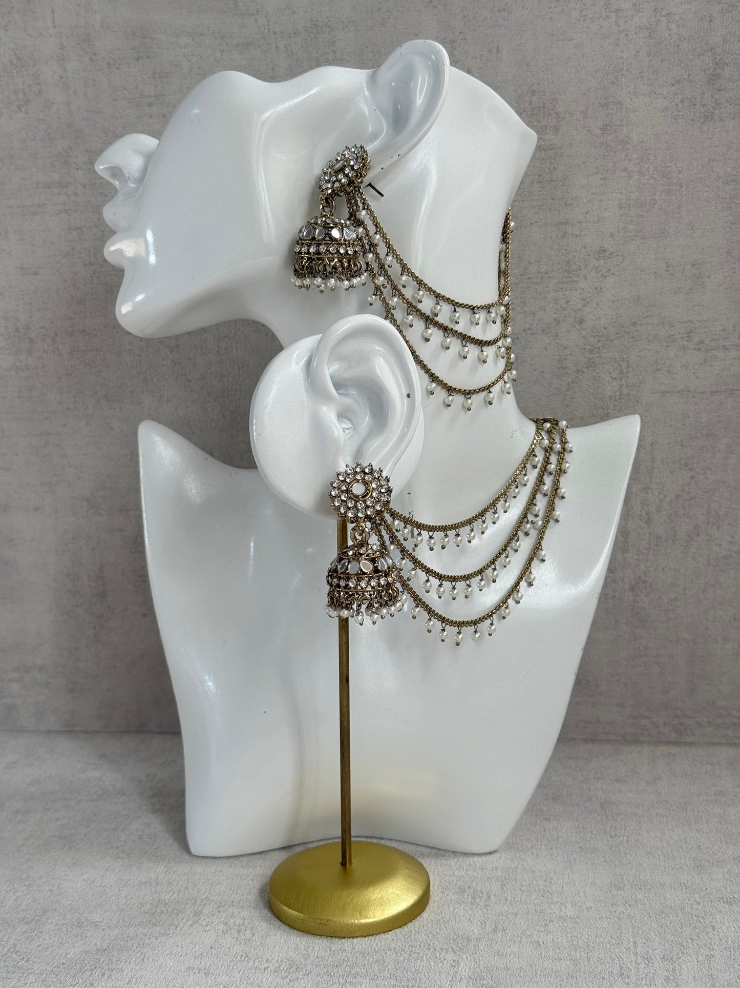 Ayura Designs Aks-e-Noor Jhumkis – Antique Gold Mirror & Crystal Earrings with Detachable Triple-Layer Pearl Sahare