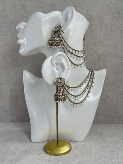 Ayura Designs Aks-e-Noor Jhumkis – Antique Gold Mirror & Crystal Earrings with Detachable Triple-Layer Pearl Sahare
