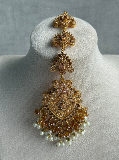 Ayura Designs Safia Tikka Set with Sahare Earrings – Champagne Gold Beads & Pearls