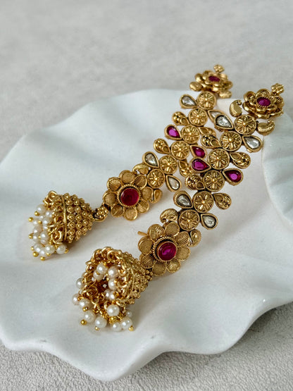 Ayura Designs Keerti Jhumkis – Antique Gold Kannauti Earrings with Ruby Pink Stones, Mirror-Cut Detailing & Pearl Drops
