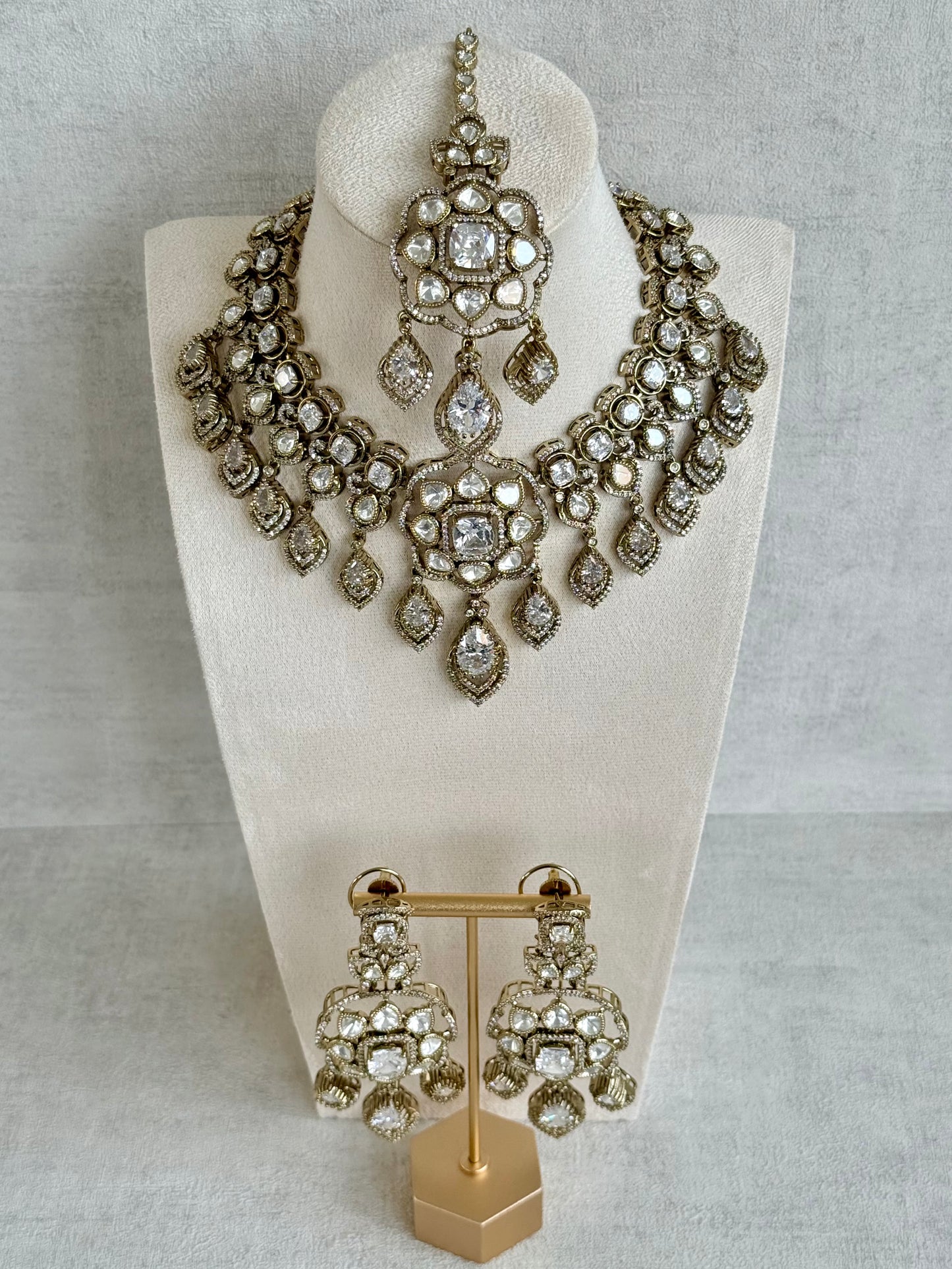 Ayura Designs Kiyah Bridal Set with Necklace, Earrings & Tikka – Moissanite Stones with Antique Gold Finish