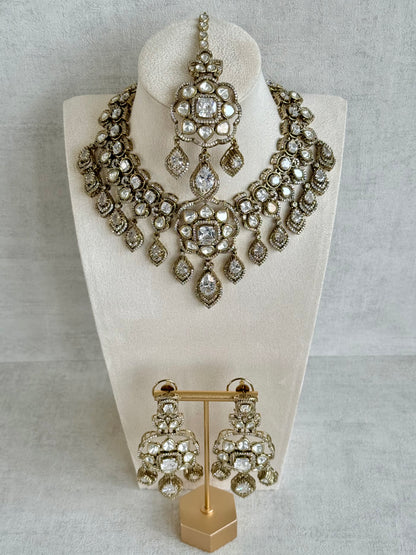 Ayura Designs Kiyah Bridal Set with Necklace, Earrings & Tikka – Moissanite Stones with Antique Gold Finish