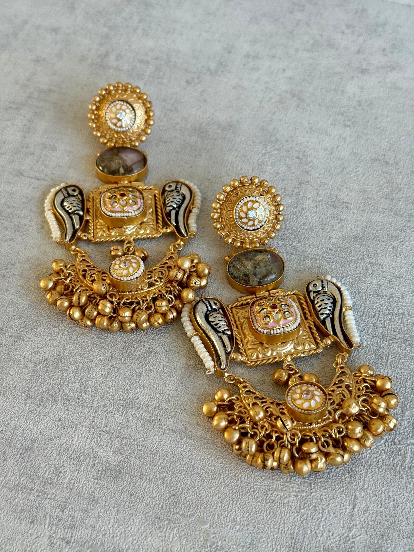 Ayura Designs Soha Earrings – Antique Gold with Smoky Grey Stone & Oxidised Parrots
