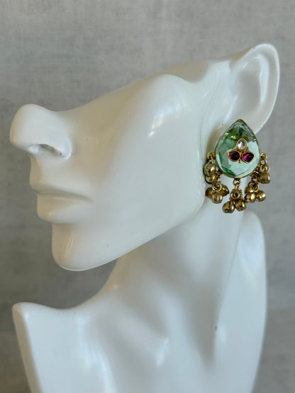 Ayura Designs Aykai Earrings – Pistachio Teardrop Stud Earrings with Clear Kundan Stones and Gold Ghungroo Drops